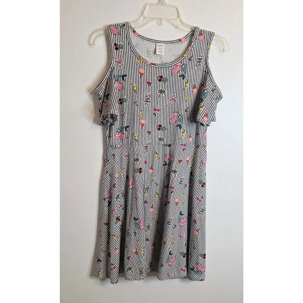 Arizona Cold Shoulder Dress Girl's Plus Size L Gray/White Stripes Tropical Print